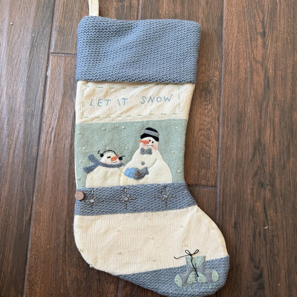Santas Best Christmas Stocking Snowman Couple LET IT SNOW Skaters Beaded